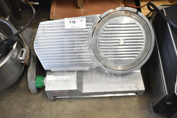Primo Commercial Countertop Meat Slicer, missing arm, 115 volts, 1 phase. Silver metallic finish, label reads "116 QTY."