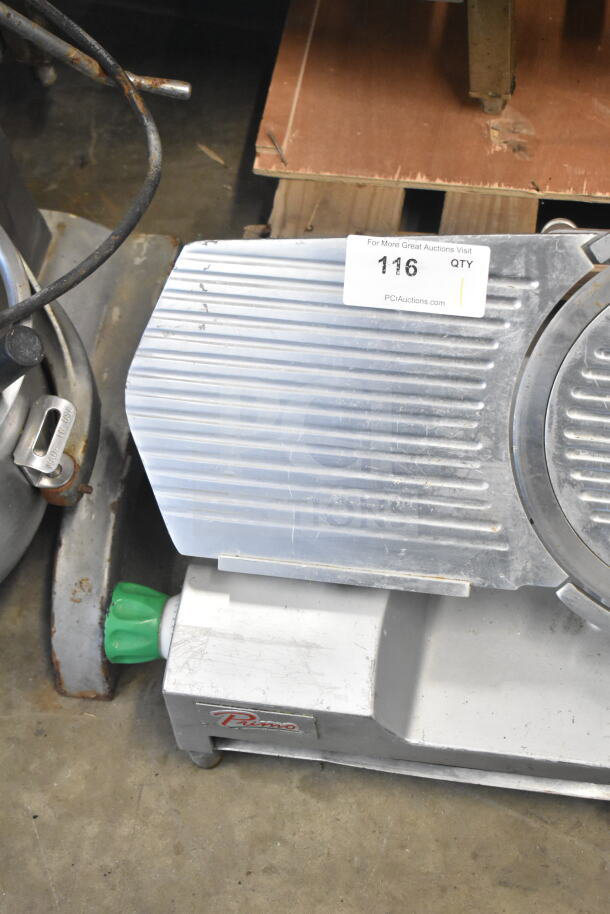 Primo Commercial Countertop Meat Slicer, missing arm, 115 volts, 1 phase. Visible wear, auction tag reads "116 QTY".
