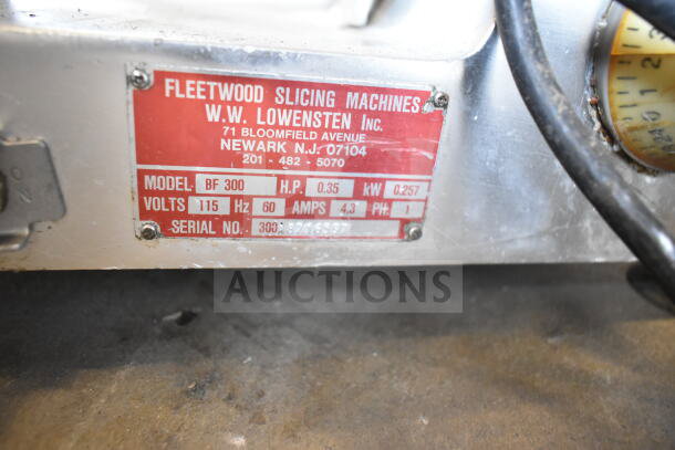 Fleetwood BF 300 Commercial Countertop Meat Slicer with blade sharpener, 115V, 1 Phase, visible serial and model tags for verification.