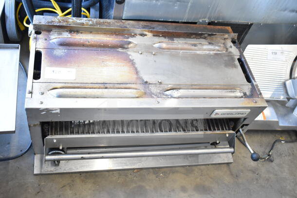 Garland Commercial Countertop Gas Cheese Melter, stainless steel, used with visible wear, Garland branding on front.