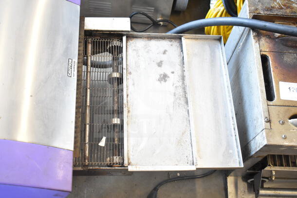 Lincoln Impinger 2040-003-U-VSV conveyor pizza oven, stainless steel top view, caution label, used condition.