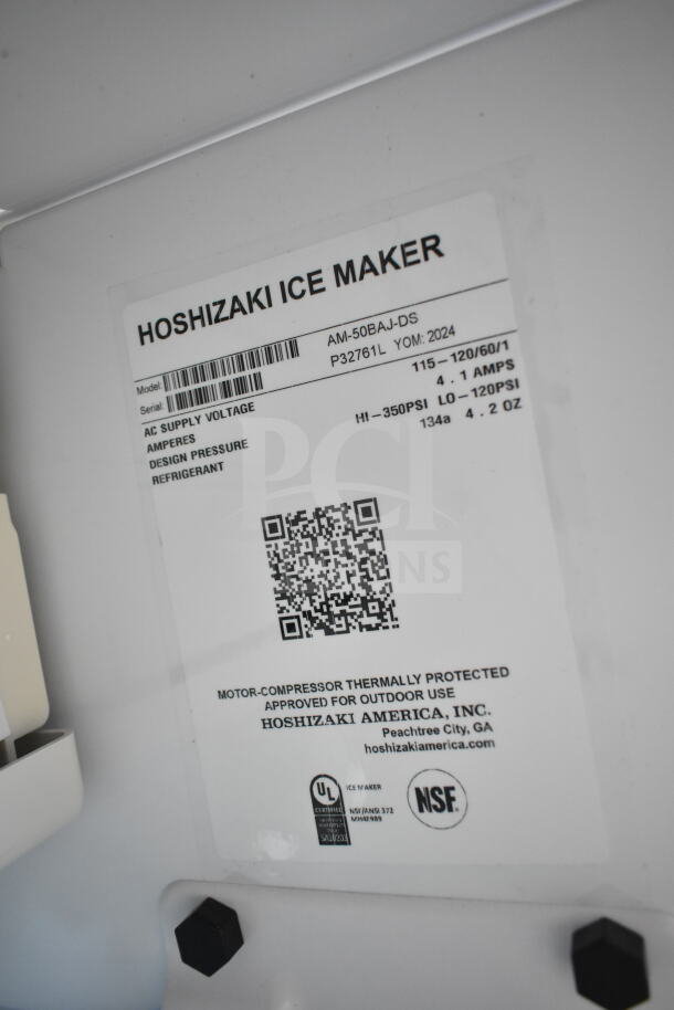 2024 Hoshizaki AM-50BAJ-DS Top Hat Cuber Icemaker label, showing specs: 115V, 1 Phase, scratch and dent condition.