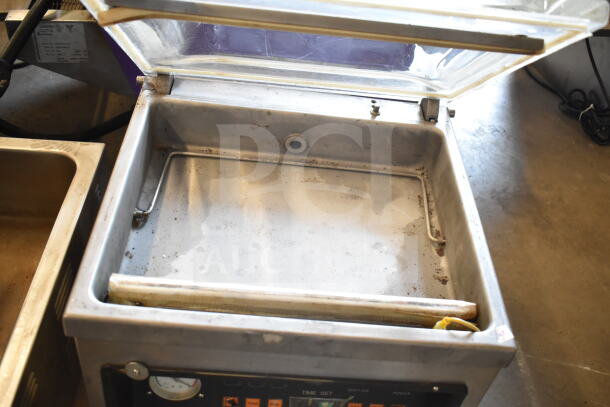 Kingpak KVP 400 Commercial Countertop Vacuum Sealer, 110V, 1 Phase, visible wear, open chamber, control panel shown.