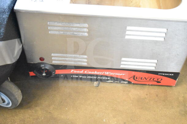 Avantco 177W50CKR commercial food warmer, stainless steel, 115 volts, front control dial, good condition, model number visible.