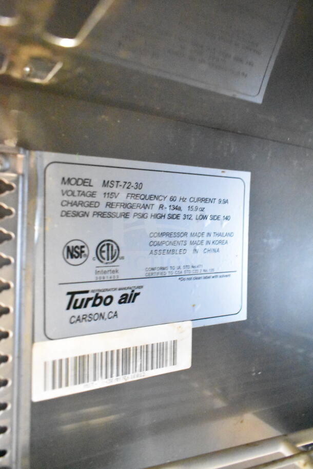 Turbo Air MST-72-30 commercial prep table label, 115V, 1 phase, R-134a refrigerant, NSF and ETL certified.