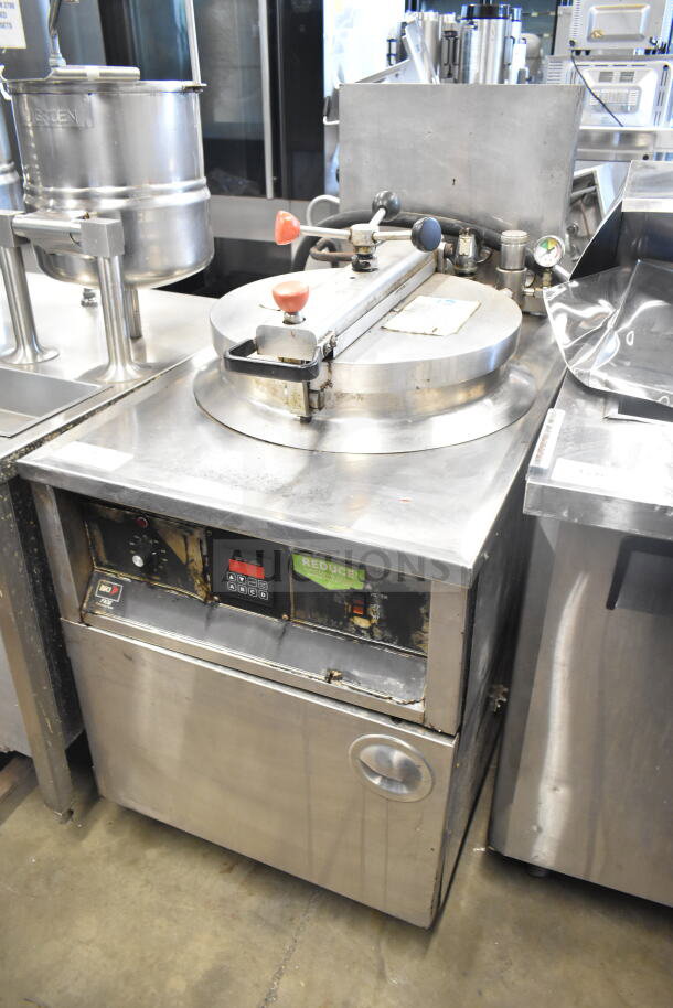 BKI FKM-F commercial electric pressure fryer in stainless steel, 208 volts, 3-phase, floor style, visibly used condition.