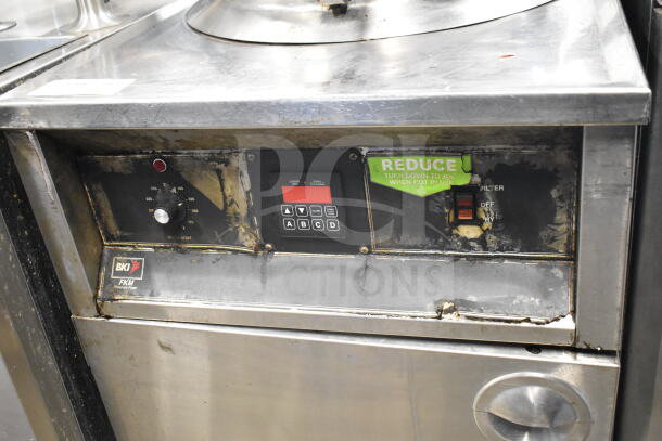 BKI FKM-F commercial electric floor pressure fryer, 208V, 3 Phase. Visible wear, control panel, and label advising temperature reduction.
