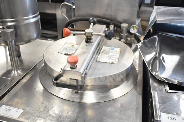 BKI FKM-F commercial electric floor-style pressure fryer, 208V, 3 Phase, stainless steel, visible usage wear, model plate intact.