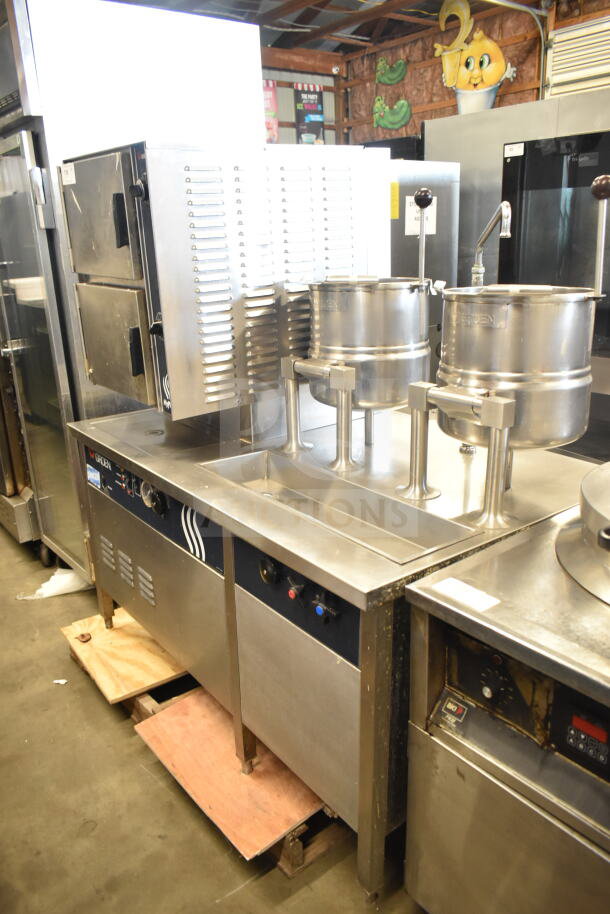 Groen commercial 2-deck steam cabinet with two TDC/3-20 5 gal manual tilt steam kettles, stainless steel, used.
