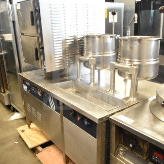 Groen commercial 2-deck steam cabinet with two TDC/3-20 5 gal manual tilt steam kettles, stainless steel, used.