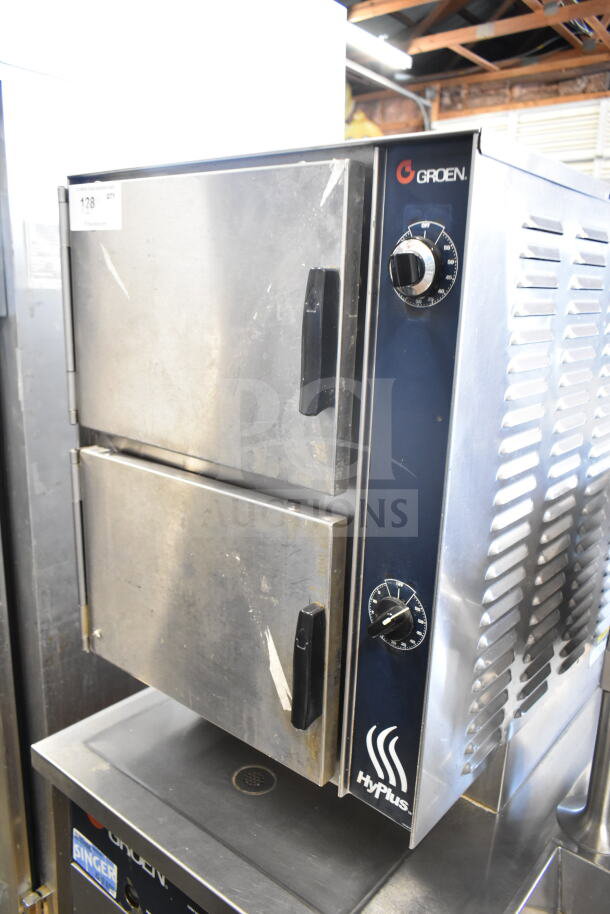 Groen 2-deck steam cabinet with dual Groen TDC/3-20 kettles, stainless steel, used condition, visible controls and brand label.