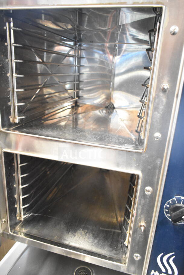 Groen Commercial 2 Deck Steam Cabinet with two TDC/3-20 5 gal Manual Tilt Steam Kettles, featuring stainless steel interior and dials.