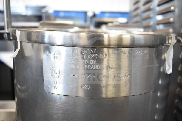Groen TDC/3-20 steam kettle, stainless steel, model details visible, used in commercial kitchen, certified by Unified Brands.
