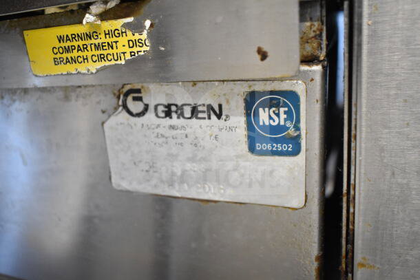 Groen commercial steam cabinet and kettles, NSF certified, showing manufacturer tag and warning label, used condition.