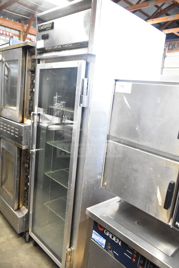 Continental 1RNGD single door reach-in cooler, 2019 model, with glass door, shelves, and commercial casters. 115V, 1 phase.