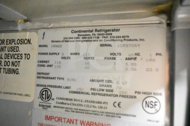 2019 Continental 1RNGD cooler label showing model, voltage (115V), phase (1), and refrigerant type (R290).
