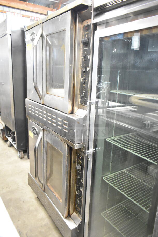 Royal commercial full-size convection ovens with view-through and solid doors, thermostatic controls, dual units.
