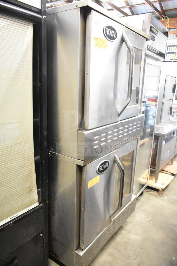 Royal commercial full-size convection oven with view-through and solid doors. Features thermostatic controls, dual units.