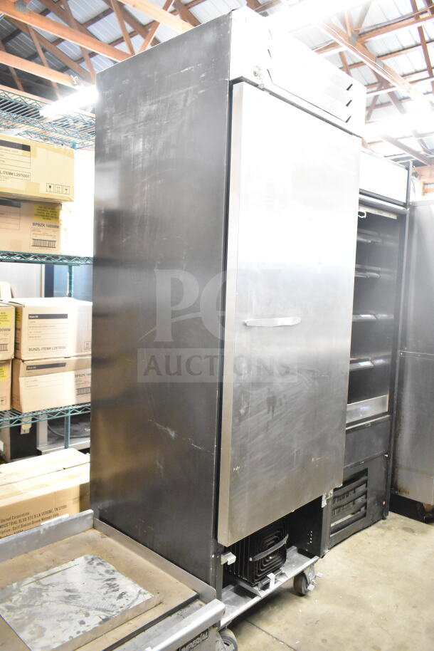 Beverage Air SR1HC-1S single door reach-in cooler on casters, 120V. Features stainless steel finish, commercial grade.