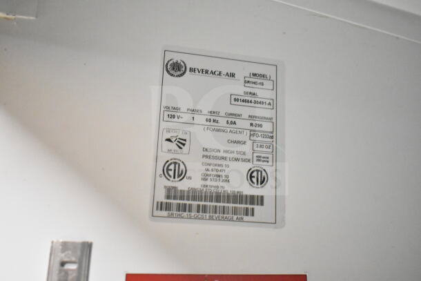 Beverage Air SR1HC-1S Commercial Reach-In Cooler, single door, on casters, 120V, features model and ETL label.