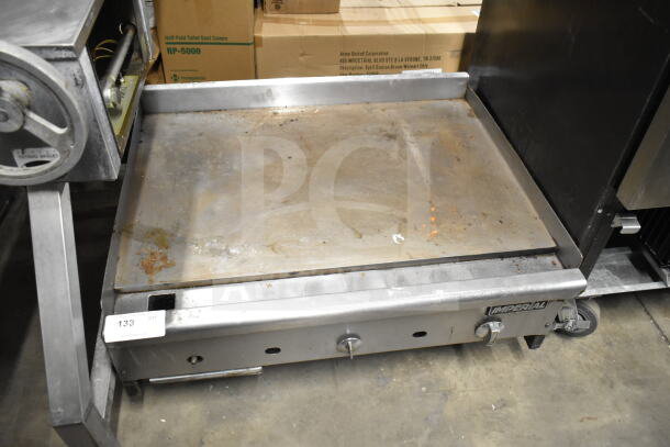 Imperial Commercial Countertop Gas Griddle, stainless steel, flat top, used condition with visible wear and "Imperial" label.