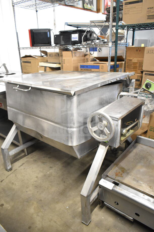 TS-37G Commercial Floor Manual Tilting Braising Skillet, stainless steel, used condition, with hand crank for tilting.