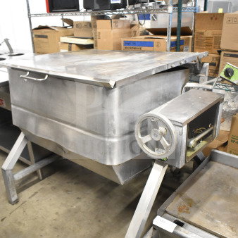 TS-37G Commercial Floor Manual Tilting Braising Skillet, stainless steel, used condition, with hand crank for tilting.
