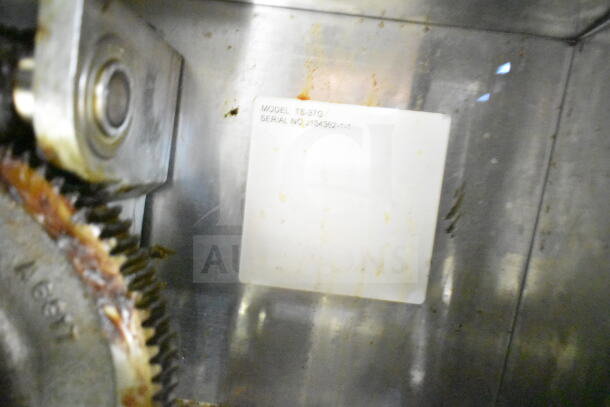TS-37G commercial braising skillet interior, visible model tag, worn condition. Model TS-37G, serial J134362-1-1.