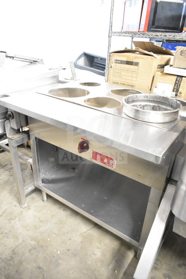 L&T SLT commercial floor-style natural gas steam table with three compartments, stainless steel, used condition.