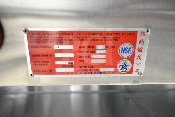 Red certification label on L&T SLT commercial natural gas steam table, showing model, pressure, and gas type details.