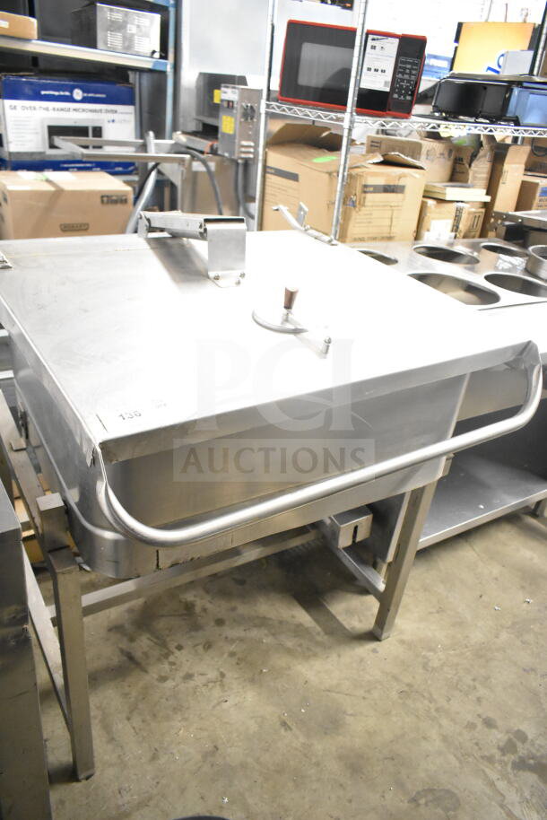 Groen commercial floor style braising skillet, stainless steel, large capacity, robust construction, gently used.
