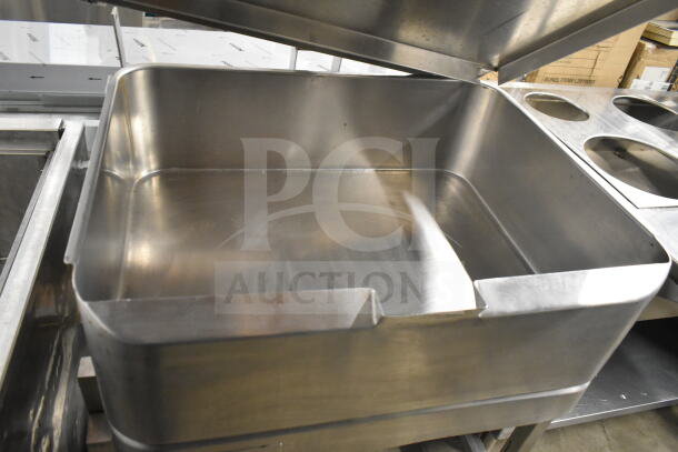 Groen commercial floor-style braising skillet, stainless steel, in excellent condition, with hinged lid and spacious interior.