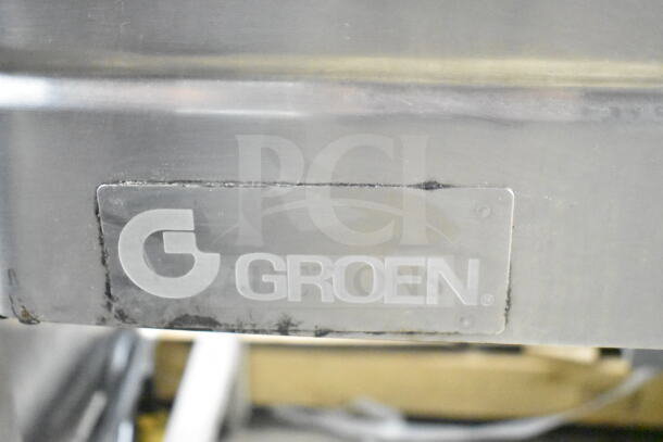 Groen commercial floor-style braising skillet, stainless steel, visible logo plate, good condition, ideal for kitchens.