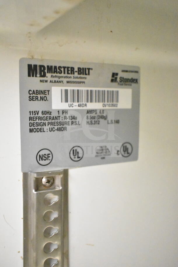 Master Bilt UC-48DR, 2-door undercounter cooler, 115V, 1 phase, model label showing specs and certifications.