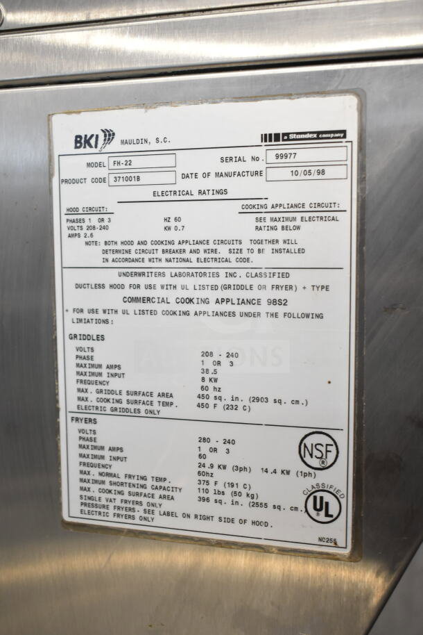 BKI FH-22 Ventless Hood, 208-240V, 1/3 Phase, Model FH-22, Serial 99977. UL, NSF certified. Date of manufacture: 10/05/98.