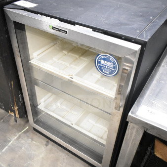 Urban Cultivator Mini Cooler Merchandiser, 115V, 1 Phase. Features stainless steel frame, glass door, two shelves.