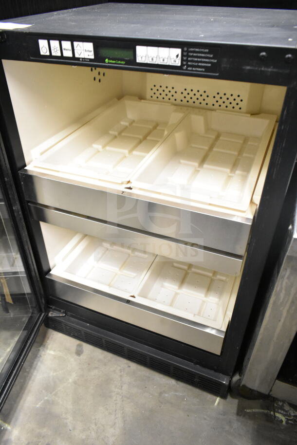 Urban Cultivator Mini Cooler Merchandiser, 115 Volts, 1 Phase, open shelves, good condition, black and white finish.