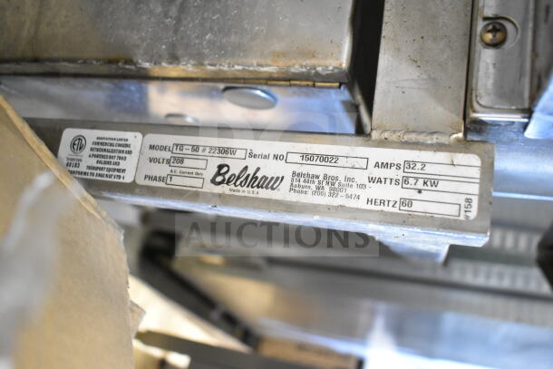 Belshaw TG50 Commercial Thermoglazing Station on casters, 208V, 1 phase. Label shows specifications and model details.