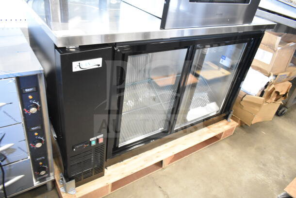 Avantco 178UBB60SHC 60" black bar refrigerator, sliding glass doors, LED lighting, new scratch and dent, 115V, 1 phase.