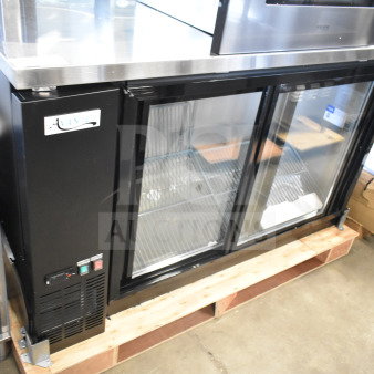 Avantco 178UBB60SHC 60" black bar refrigerator, sliding glass doors, LED lighting, new scratch and dent, 115V, 1 phase.