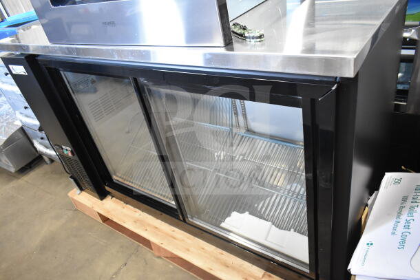 Brand new Avantco 178UBB60SHC 60" black bar fridge; narrow sliding glass doors, LED lighting, 115V, 1 phase.