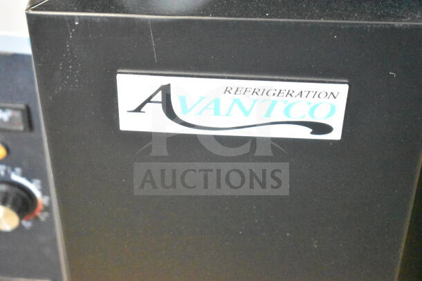 Avantco 178UBB60SHC black refrigerator with logo, sliding glass door, and LED lighting. Brand new, minor scratches.
