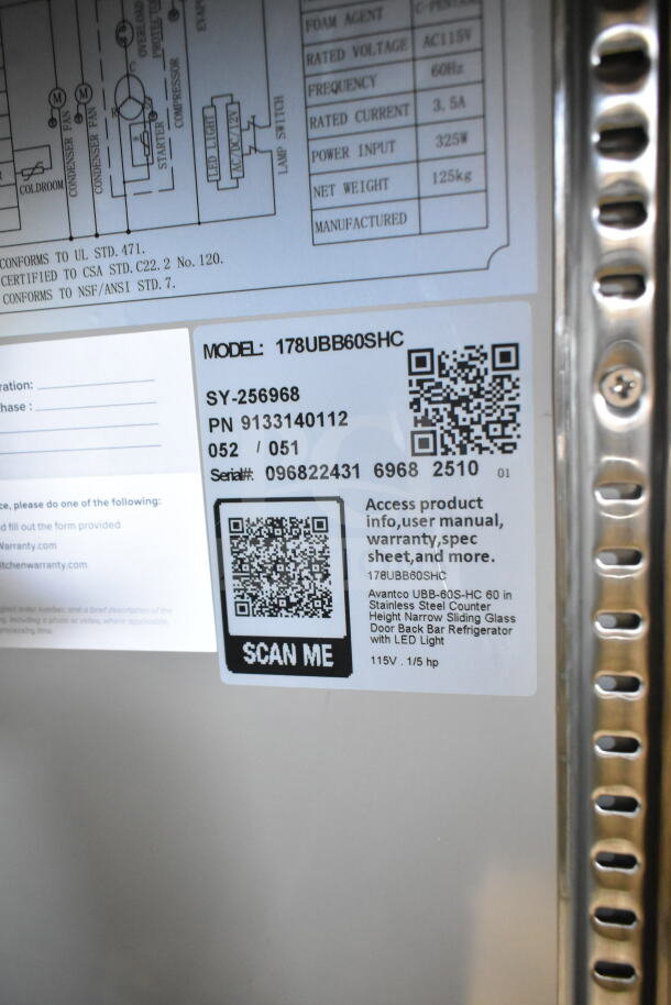 Brand new 2025 Avantco 178UBB60SHC black back bar refrigerator label, showing model, specifications, and QR code.