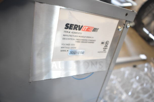 BRAND NEW SCRATCH AND DENT! 2026 ServIt 423WDSFS3 Triple Drawer Warmer, 120V, 1 Phase; label shows model, voltage, and serial.