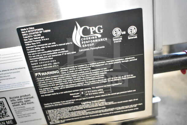 "BRAND NEW SCRATCH AND DENT! Cooking Performance Group GT-CPG-60-NL 60" Natural Gas Griddle label showing model, BTU, and safety info."