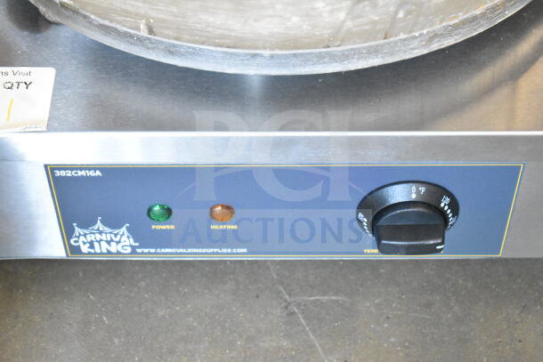 Brand new 2023 Carnival King 382CM16A 16" crepe maker, 120V, 1 phase. Control panel shows power and heating indicators.