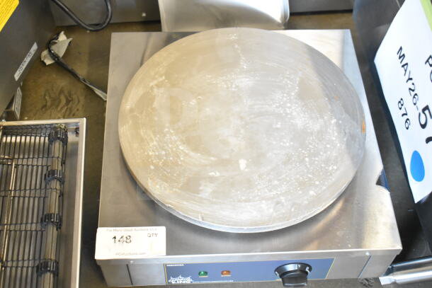 Brand new Carnival King 382CM16A 16" crepe maker. Visible surface scratches, 120 volts, 1 phase, model label shown.