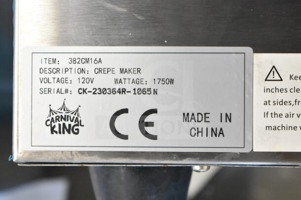 Brand new 2023 Carnival King 382CM16A 16" crepe maker, 120V, 1750W, serial# CK-230364R-1065N, scratch and dent.