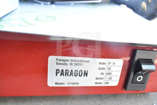 Paragon TP-16 popcorn machine label showing model 1116810, 120 volts, 2900 watts. Scratch and dent condition.