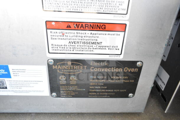 MainStreet 541FEC1C electric convection oven label showing warnings, voltage, phase, and serial details.